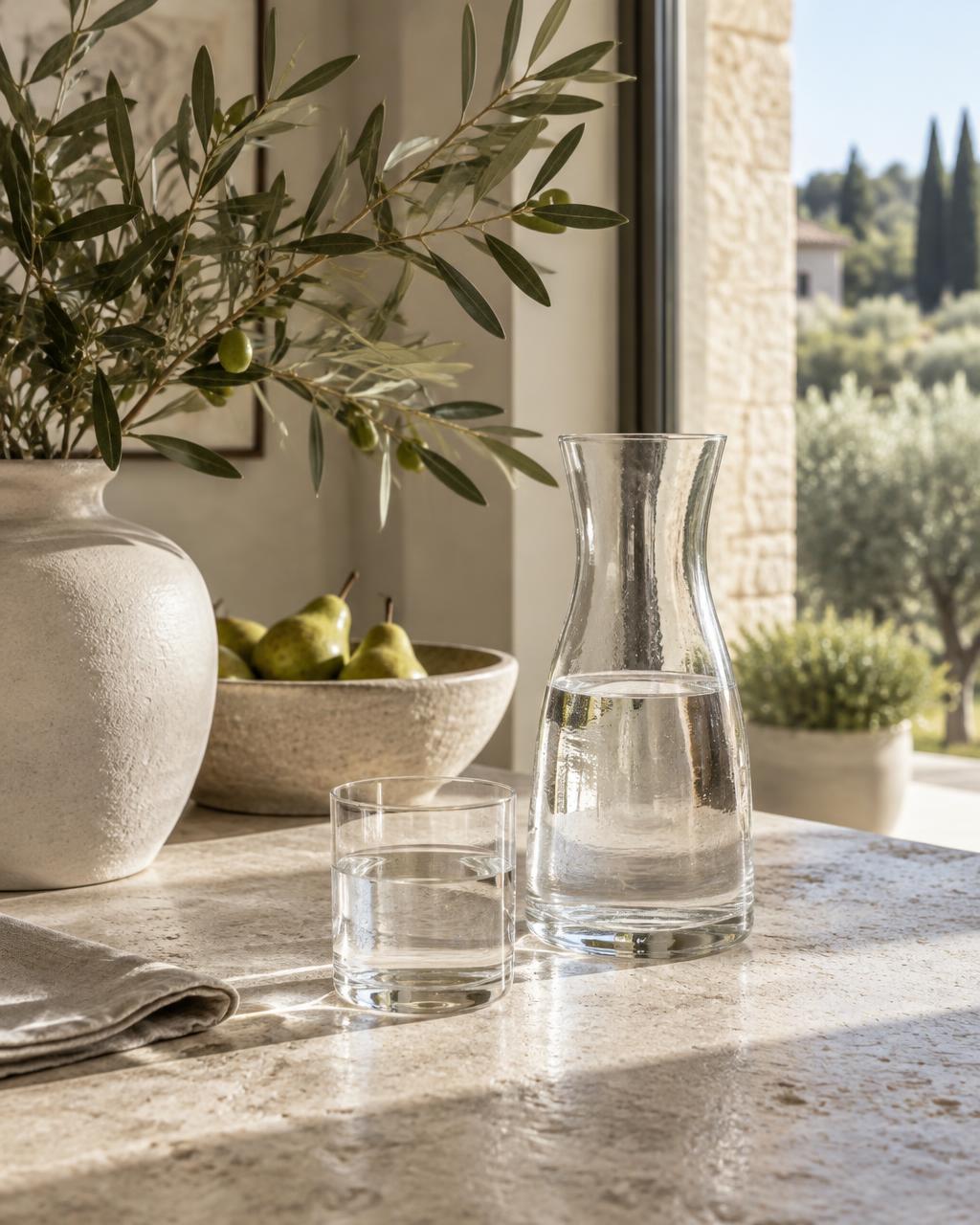 Fresh water and olive branches on a sunlit natural stone kitchen counter